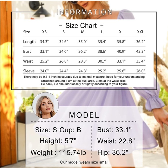 Exlura Tie Back Long Lantern Sleeves Square Neck Ruffle Elastic Waist Mini Dress - Picture 4 of 6